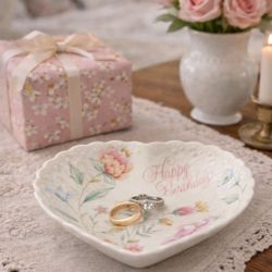 Mikasa Japan 1980s Bone China Heart Dish “Happy Birthday”, 6.25”