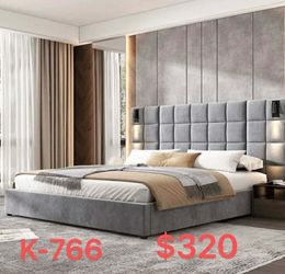 (K-766)King Bed with Built-in Wall Sconces and USB Ports, Wide Velvet Upholstered Headboard,(No Mattress)(2 box)