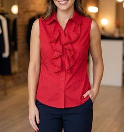 Red Sleeveless Ruffle Front Button-Up Blouse