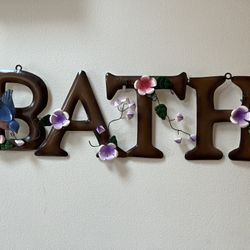 Brown “BATH” Metal Sign Decorated With Birds And Flowers