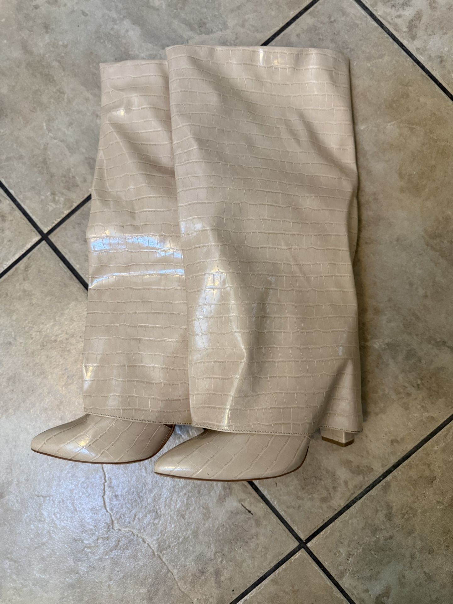 Cream Embossed Fold over Patent Leather Boots