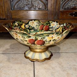 Vintage Hand Painted French Porcelain Centerpiece Bowl Floral Fruit Gold 12”
