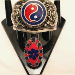 Yin yang Cuff Bracelet With Ring Set