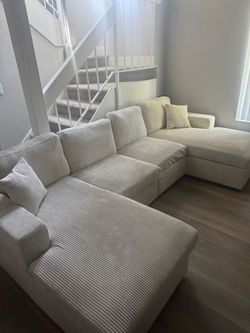 Large Cream Corduroy Sectional Sofa