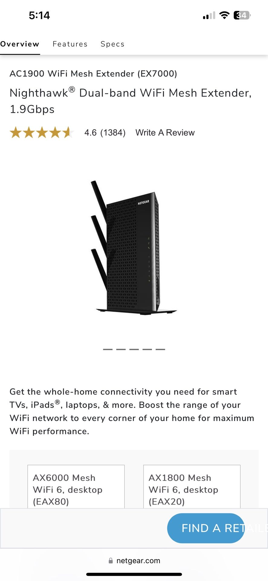 AC1900 WiFi Mesh Extender (EX7000) Nighthawk® Dual-band WiFi Mesh Extender, 1.9Gbps