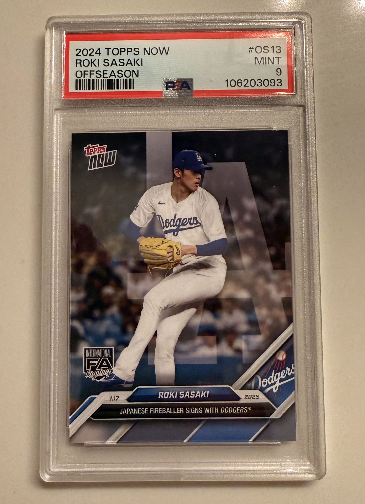 2024 Topps Now - Off-Season Roki Sasaki #OS-13 (RC) Dodgers PSA-9 MINT