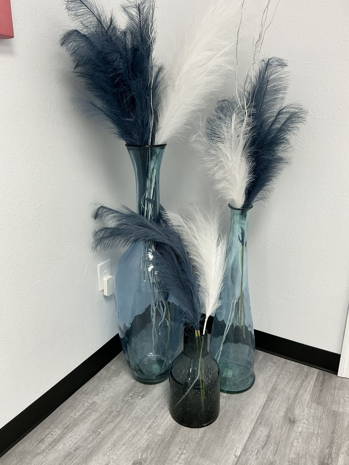 Three Blue Vases W/ Pampas