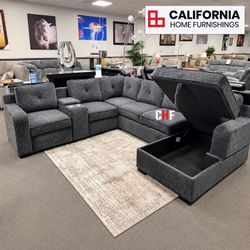 Dark Gray 4-Piece Convertible Sectional Sofa with Pull-Out Bed