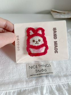 Adorable red and white crochet bunny hair clip 