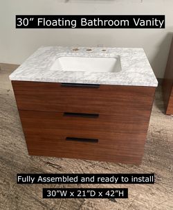 30" Floating Vanity with Carrara Marble Countertop & Solid Wood & Plywood Cabinet #3344