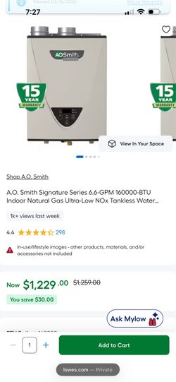 AO smith 6.6 GPM indoor natural gas thankless water heater