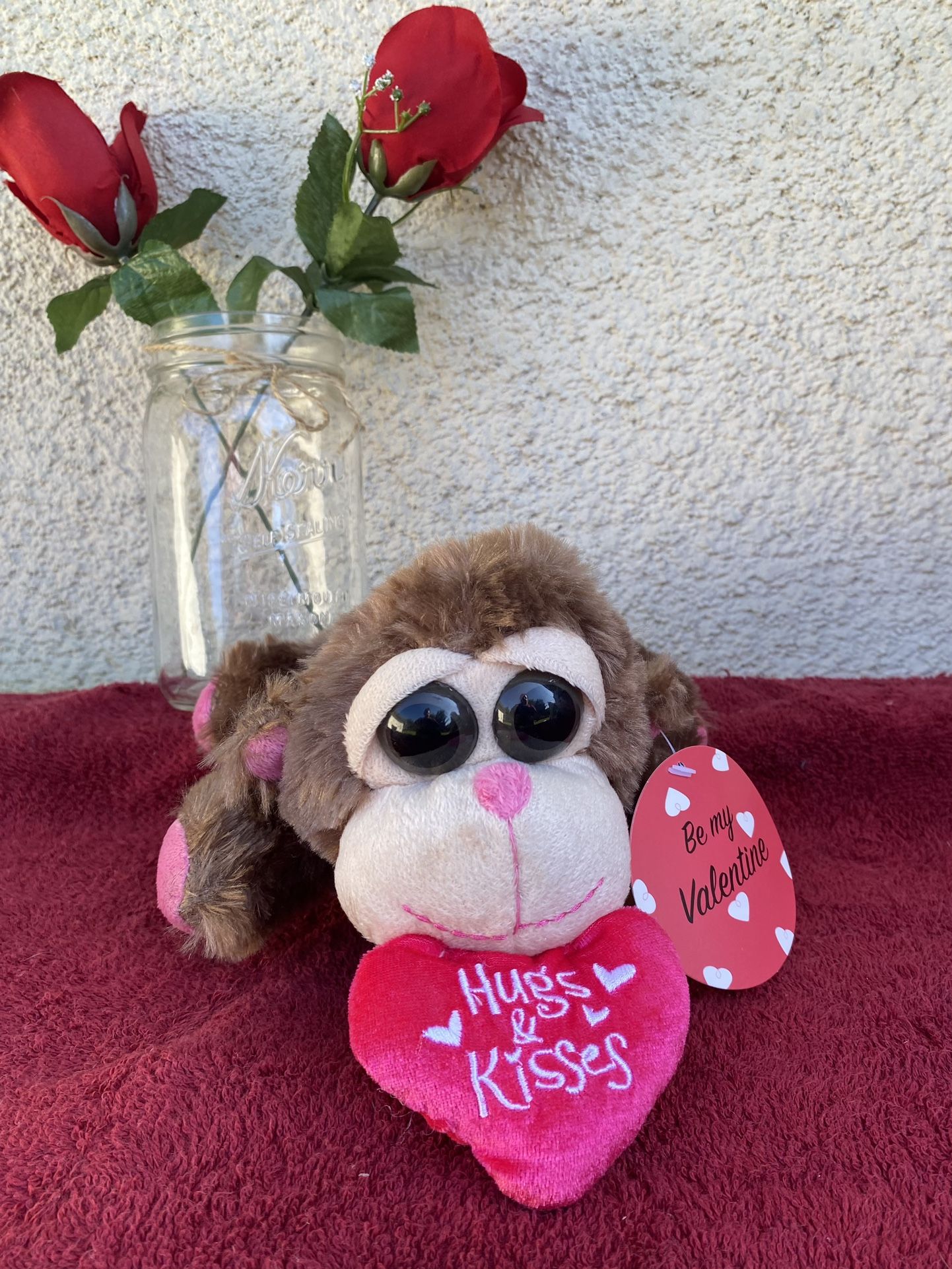 Valentines Day Monkey With Hugs & Kisses Pink Heart.