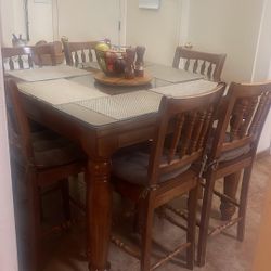Solid Wood Dining Table with Extension Leaf + 6 Tall Chairs