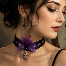 Handmade Lace & Ribbon Choker with Feathers, Bow & Heart Charm, Purple & Black