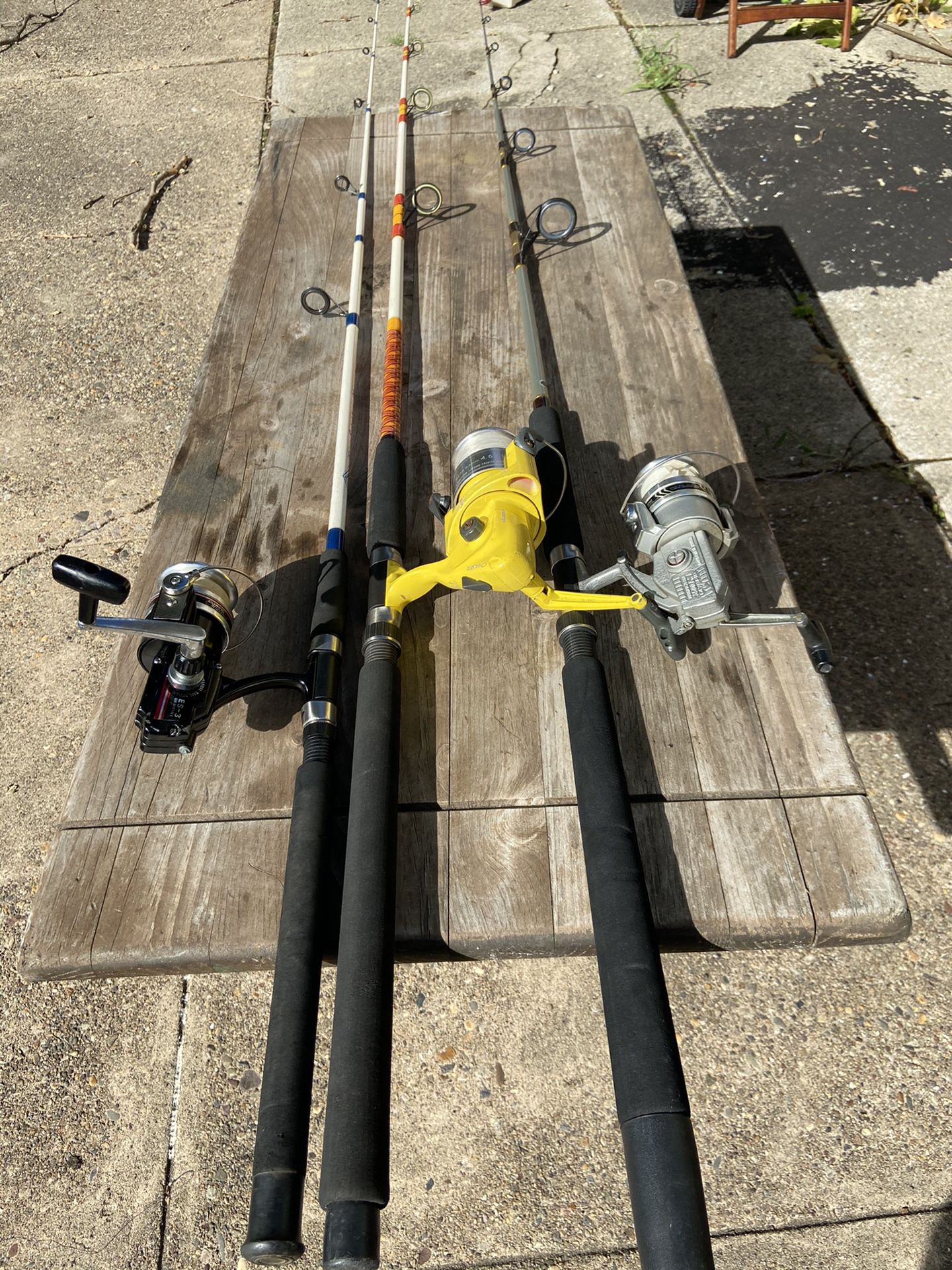 Various types of fsalt water fishing rods, reels and lines combos. $50 each.