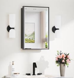 NIB 16x24 Recessed Medicine Cabinet with Mirror Surface Mounted, Metal Beveled Mirror with Storage for Bathroom Vanity, Aluminum Black Medicine Cabine