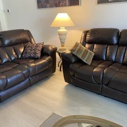 Two Reclining Leather Sofa - Brown 