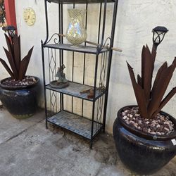 2 Large Glazed Flower Pots W/Metal Art