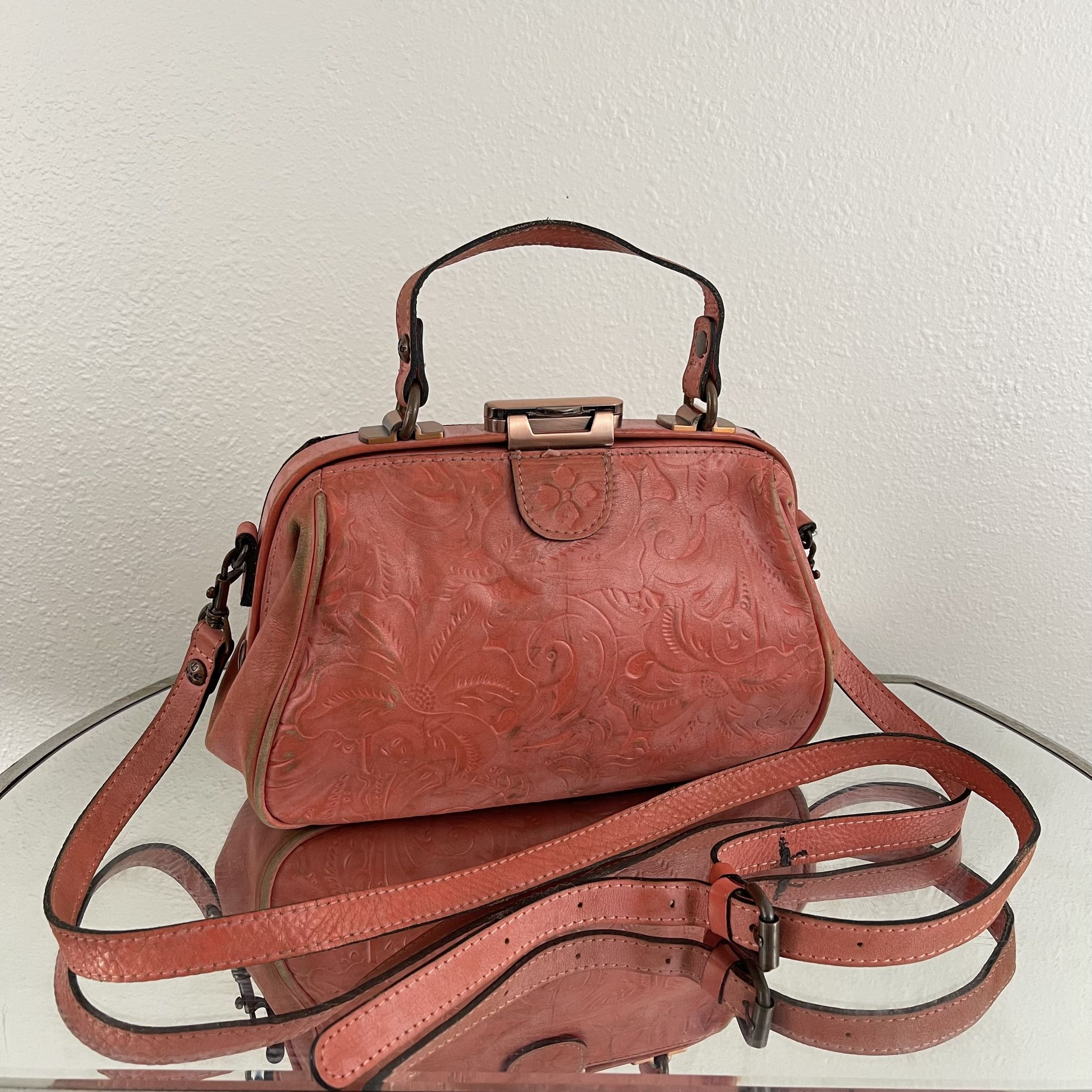 PATRICIA NASH Coral Pink Orange Leather Floral Embossed Gracchi Satchel Purse