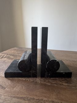 Black Marble Bookends Pair Vintage Cylinder Modernist Stone Geometric Heavy
