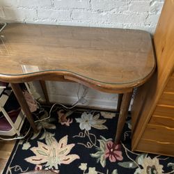 Desk With Small Drawer, Great For Small Space, Solid Wood  W Glass Top