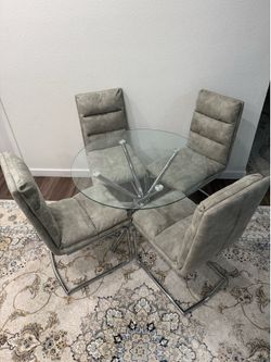 5 piece Modern Dining Chairs Set Grey Cloth with High Back and Metal Chrome Legs Upholstered Armless Chairs with Round Glass Dining Table