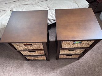 Pair of Wood Nightstands with Wicker Baskets