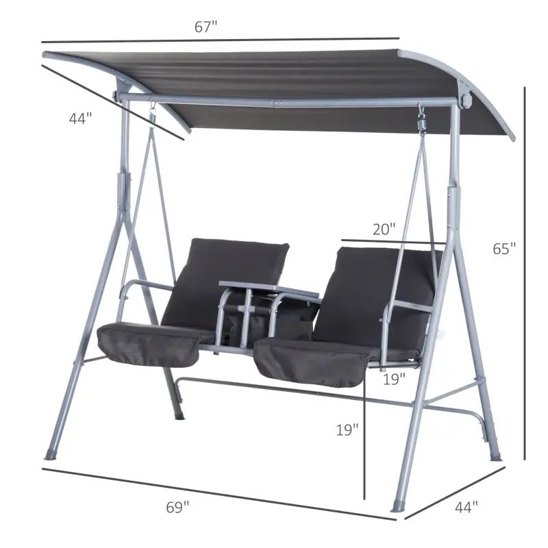 2 Person Porch Swing with Stand, Outdoor Swing with Canopy, Pivot Storage Table, 2 Cup Holders, Cushions for Patio, Backyard, Gray