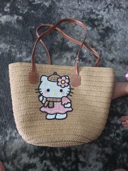 Hello Kitty Straw Tote in Tan with Brown Handles