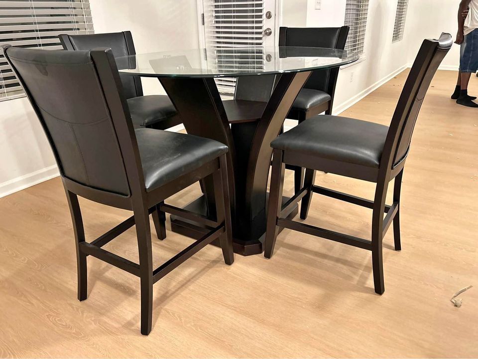 Round Glass High Top 5 Piece Dining Table Set