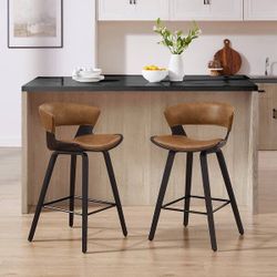 Set of 2 Oak Bentwood Barstool Mid-Century Ergonomic Curved Seats