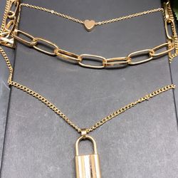 18K Gold Plated Heart Necklace Triple Layer Lover Lock Pendant, Gold Color