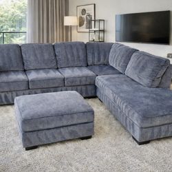 Blue Grey Sectional Sofa w/ Chaise & Ottoman - 9' x 7'5"