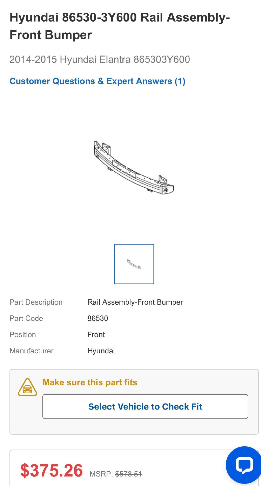 Genuine OEM 86530-3Y600 Rail Impact Bar front Bumper 2014-2015 Hyundai Elantra
