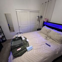 Queen Size Bed Frame With LED Light Attached Inside Headboard