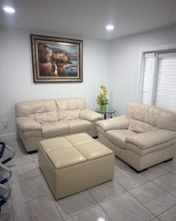 Cream Leather Sofa, Chair, and Ottoman Set
