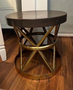Vintage Mid Century Modern Brass XBase Lattice Drum Stool / Side Table Hollywood Regency