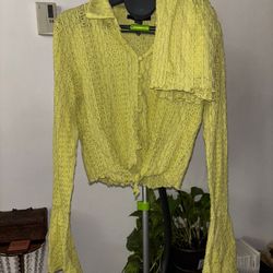Forever 21 yellow lace crochet set featuring a long-sleeve button-up top with bell sleeves and a matching flowy skirt.