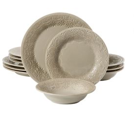 The Pioneer Woman Vintage Lace 12-Piece Ceramic Dinnerware Set, Taupe