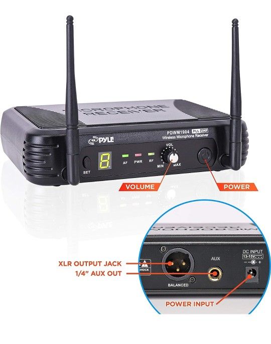 Pyle 8-Channel Wireless Microphone System - Portable UHF Digital Audio Mic Set with Headset, clip Lavalier lapel, Transmitter, ¼’’ cable, power adapte
