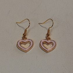 Gold Plated Pink Enamel Hollow Heart Earrings