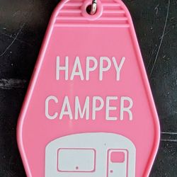 Pink Plastic 'Happy Camper' Retro Hotel Room Key Keychain New