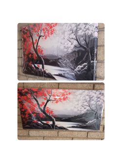 Black, White, Red Tree Canvas Wall Art 20"x40
