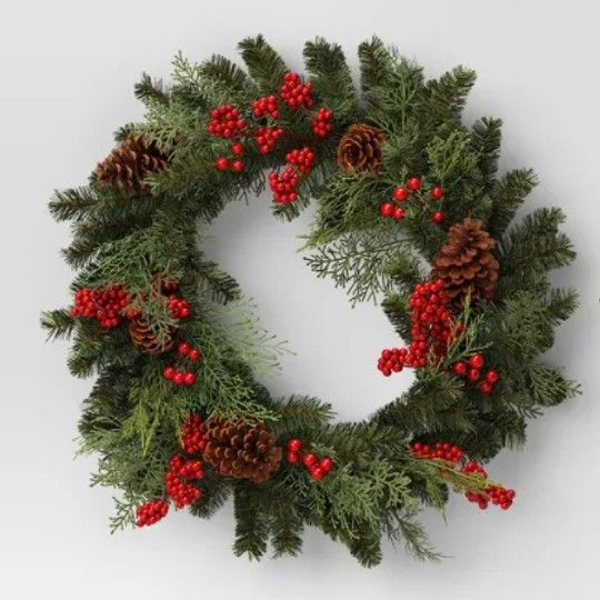 Brand New Threshold 29in Wreath Long Nedle With Pinecones With Berries