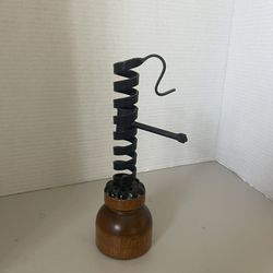 Vintage Courting Candle Holder Black Spiral Push Up Wrought Iron Wood Base Works
