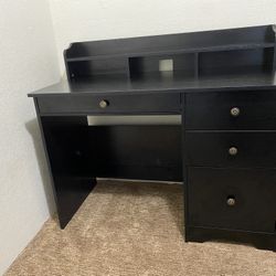 Computer Desk with 4 Storage Drawers and Hutch Shelf, Wood Frame Home Office Desk with Wide Tabletop, Industrial Vintage Style Executive Desk Writing 
