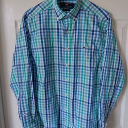 NEW "Vineyard Vines" mens long sleeve cotton, shades of blue, plaid button up shirt SMALL