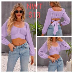 NWT Women's Cute Crop Top Long Puffy  Sleeves,Tie In Back, Sz Large