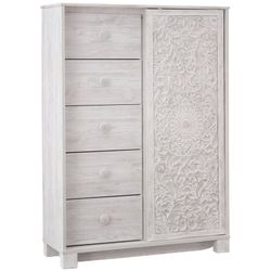 Paxberry Dressing Chest White Wash - Signature Design by Ashley: Boho-Chic 5-Drawer Storage, Carved Sliding Door
