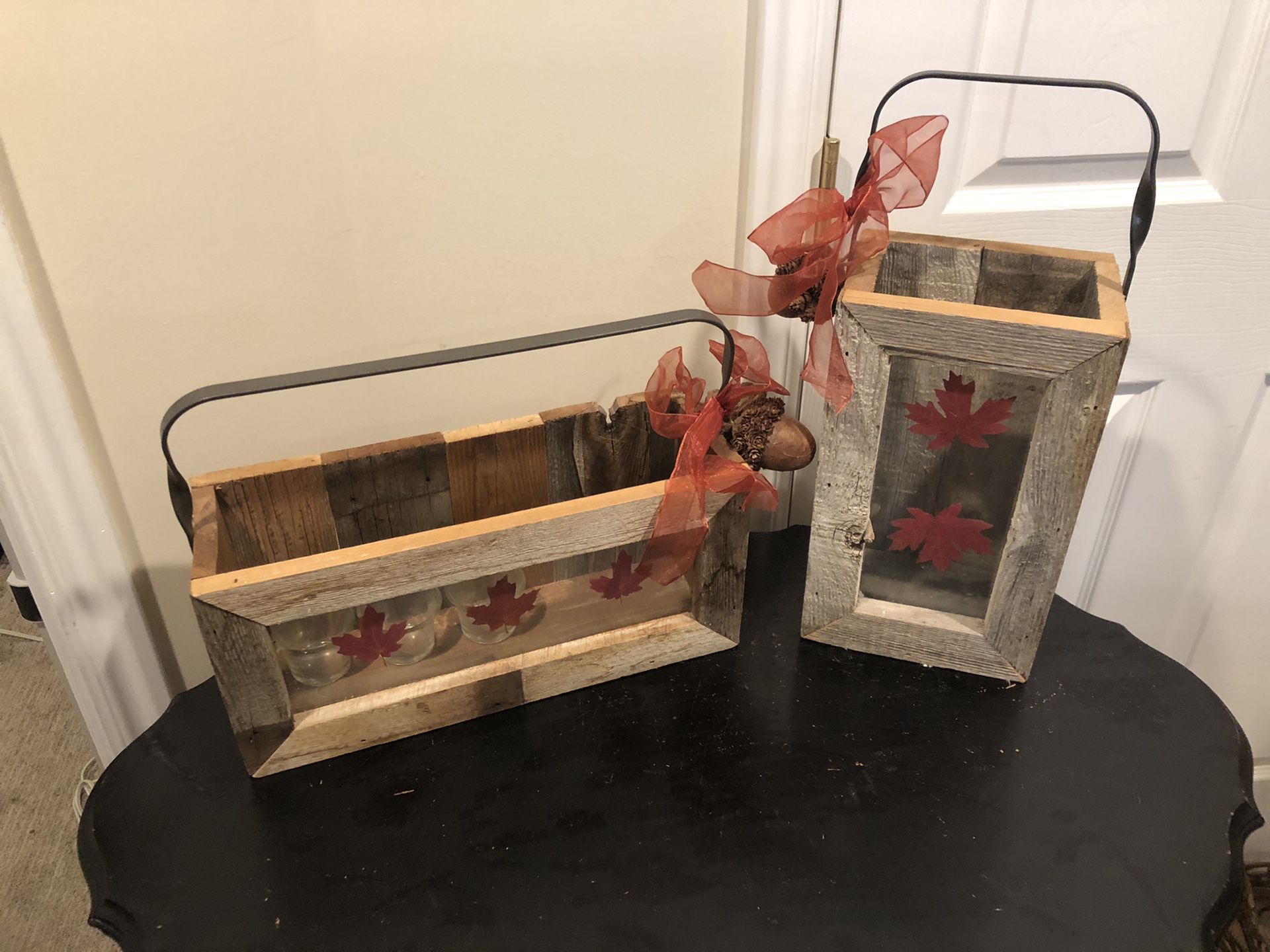 Awesome Set of 2 Barnwood & Glass Farmhouse Decor Boxes W/ Twisted Metal Handles!